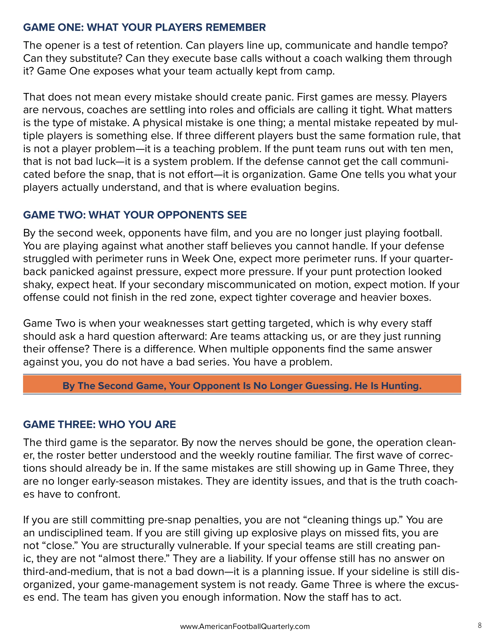 The First Three Games Tell the Truth: How to Evaluate Your Team Before It's Too Late — American Football Quarterly Vol 3 — Fall 2026, page 8
