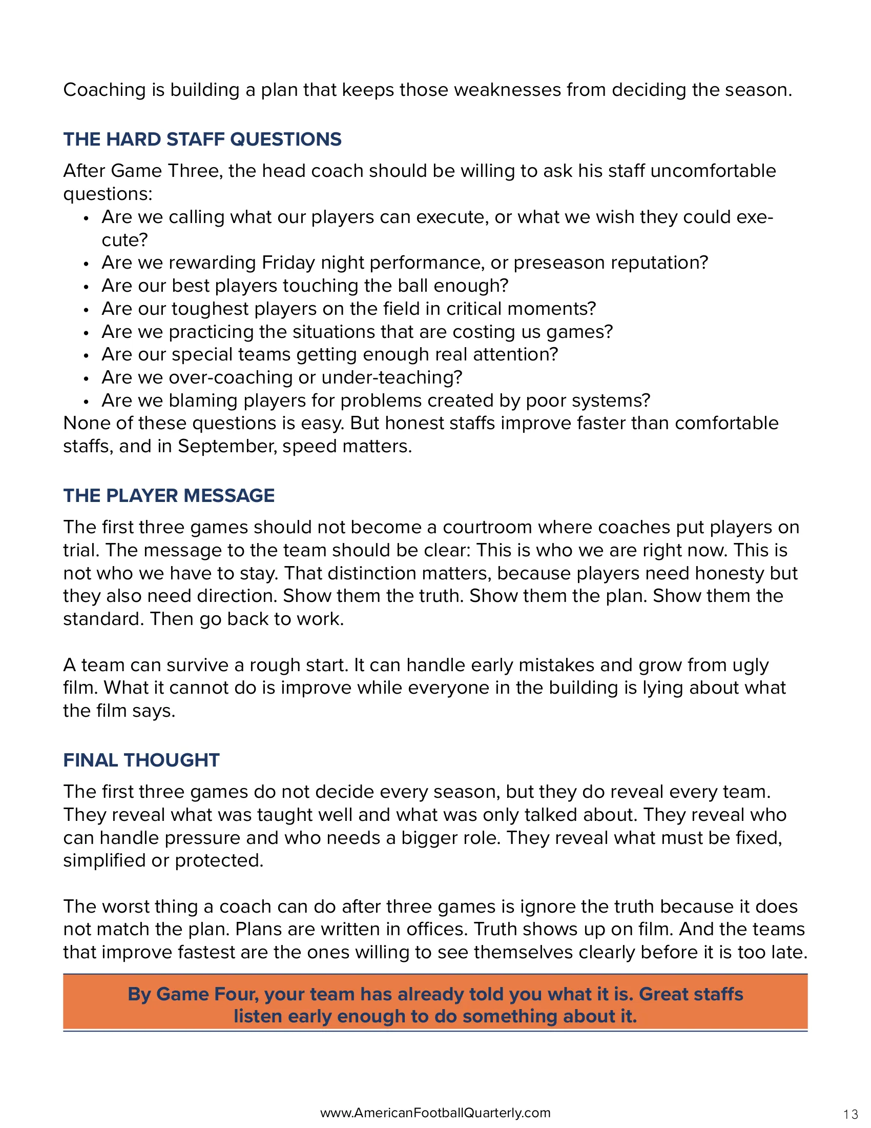 The First Three Games Tell the Truth: How to Evaluate Your Team Before It's Too Late — American Football Quarterly Vol 3 — Fall 2026, page 13