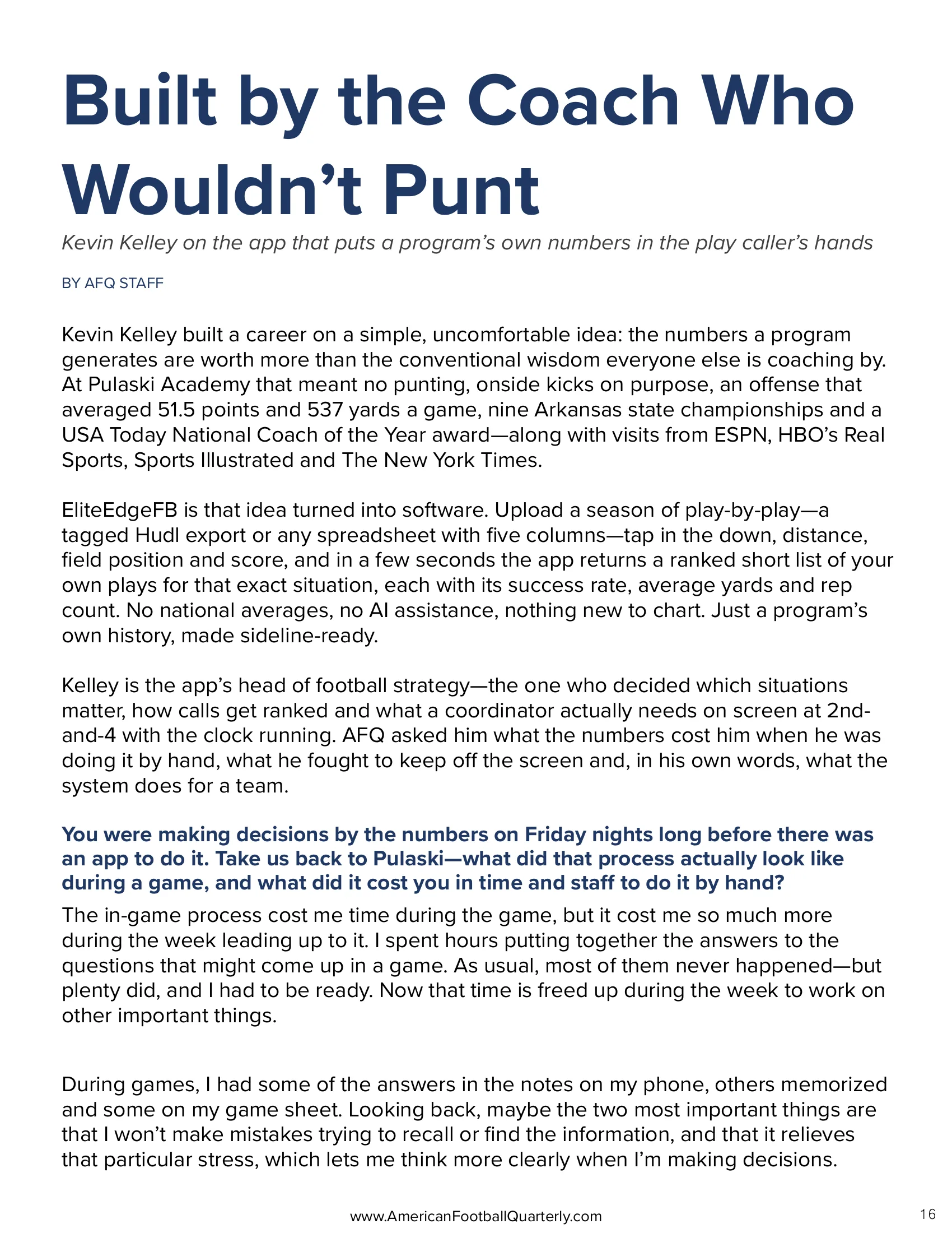 Built by the Coach Who Wouldn't Punt: Kevin Kelley on EliteEdge — American Football Quarterly Vol 3 — Fall 2026, page 16