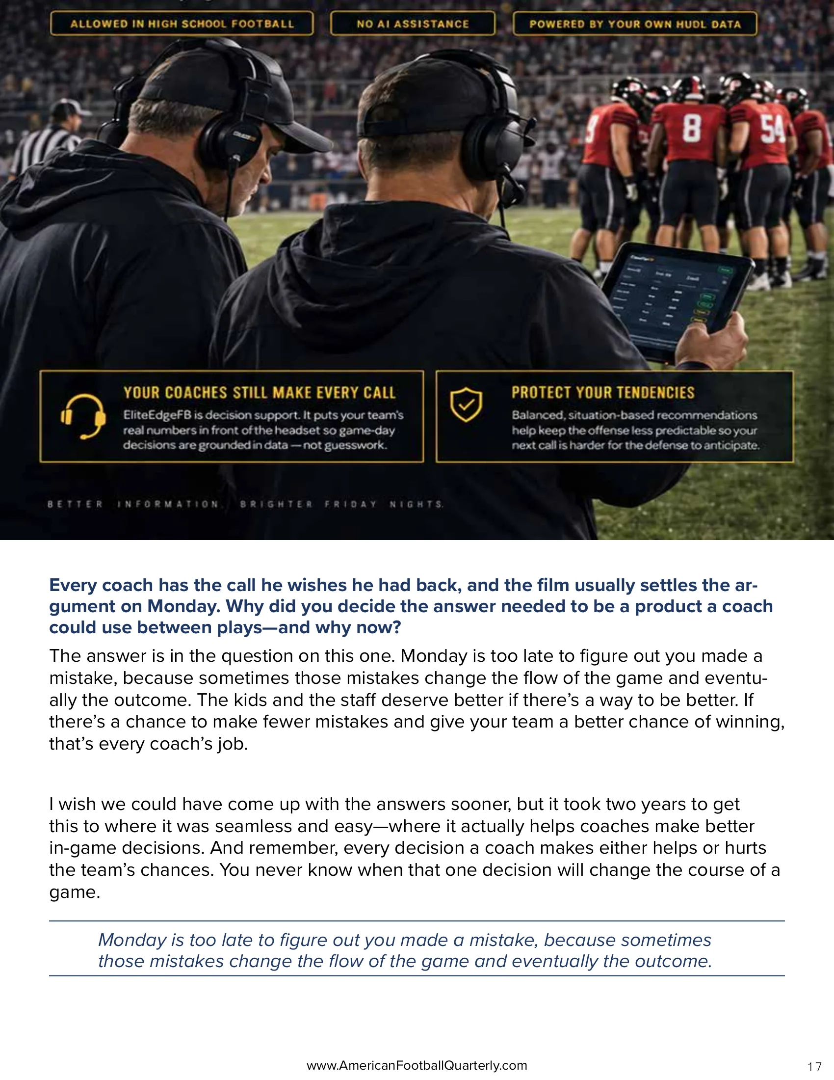 Built by the Coach Who Wouldn't Punt: Kevin Kelley on EliteEdge — American Football Quarterly Vol 3 — Fall 2026, page 17