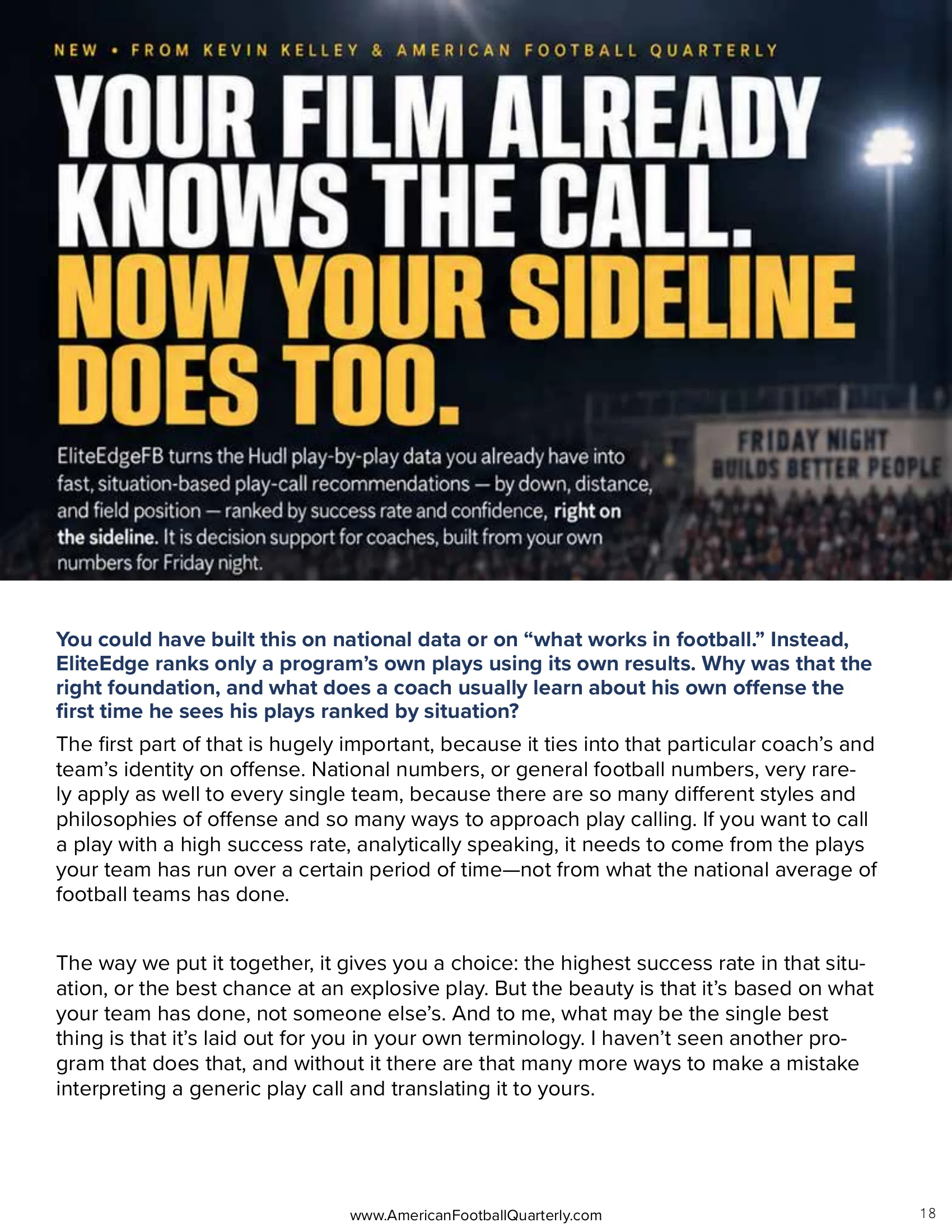Built by the Coach Who Wouldn't Punt: Kevin Kelley on EliteEdge — American Football Quarterly Vol 3 — Fall 2026, page 18