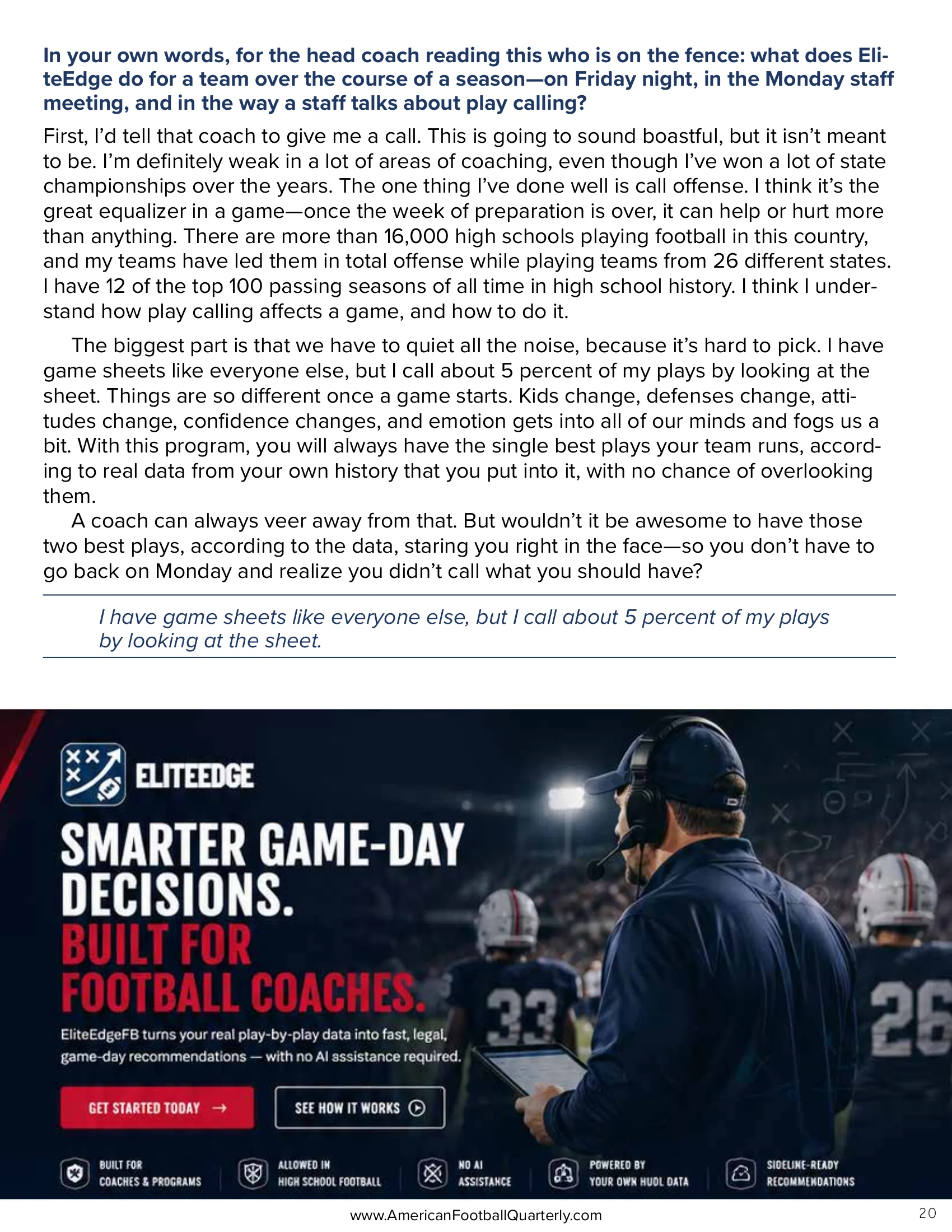 Built by the Coach Who Wouldn't Punt: Kevin Kelley on EliteEdge — American Football Quarterly Vol 3 — Fall 2026, page 20