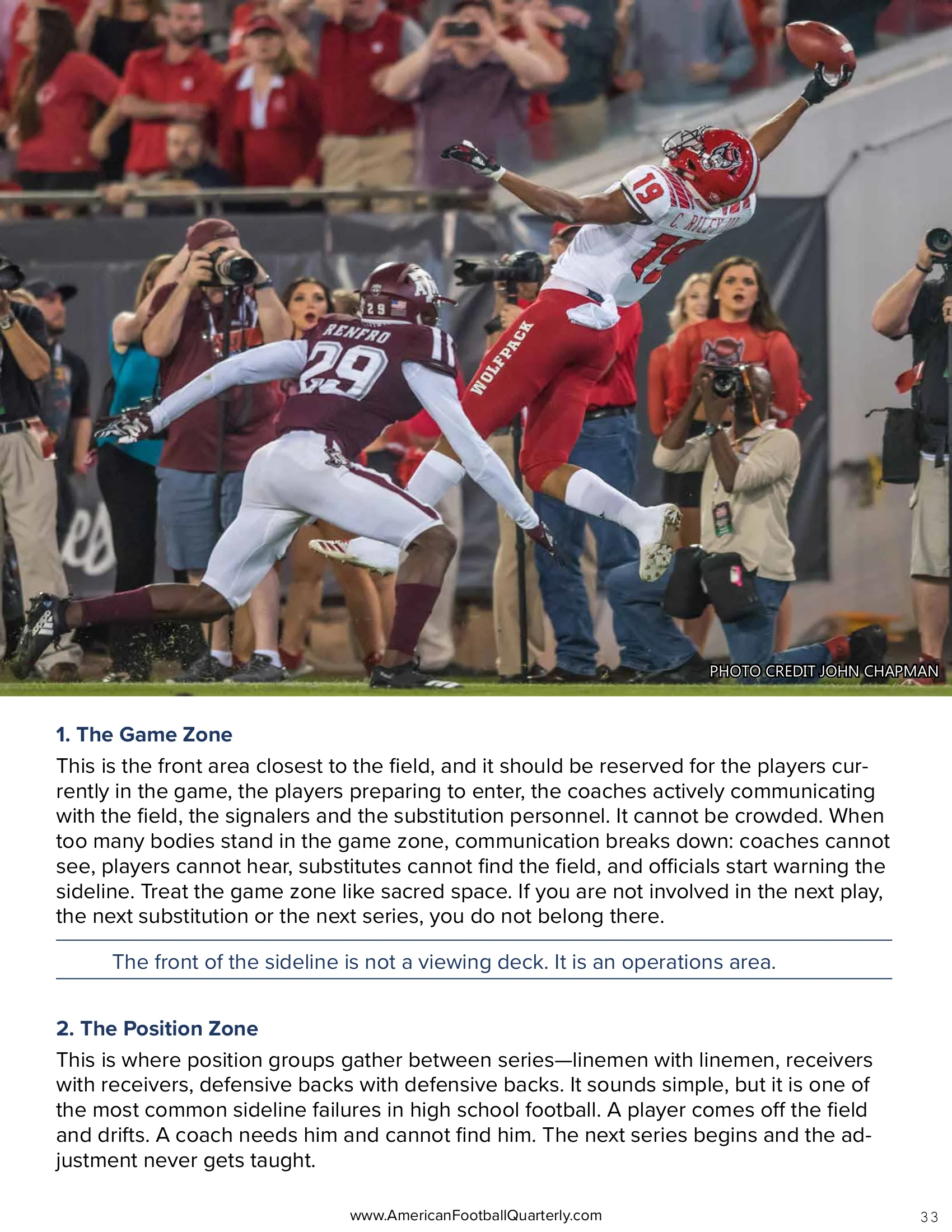 The Sideline Is a System: Organizing the Most Chaotic Place in Football — American Football Quarterly Vol 3 — Fall 2026, page 33