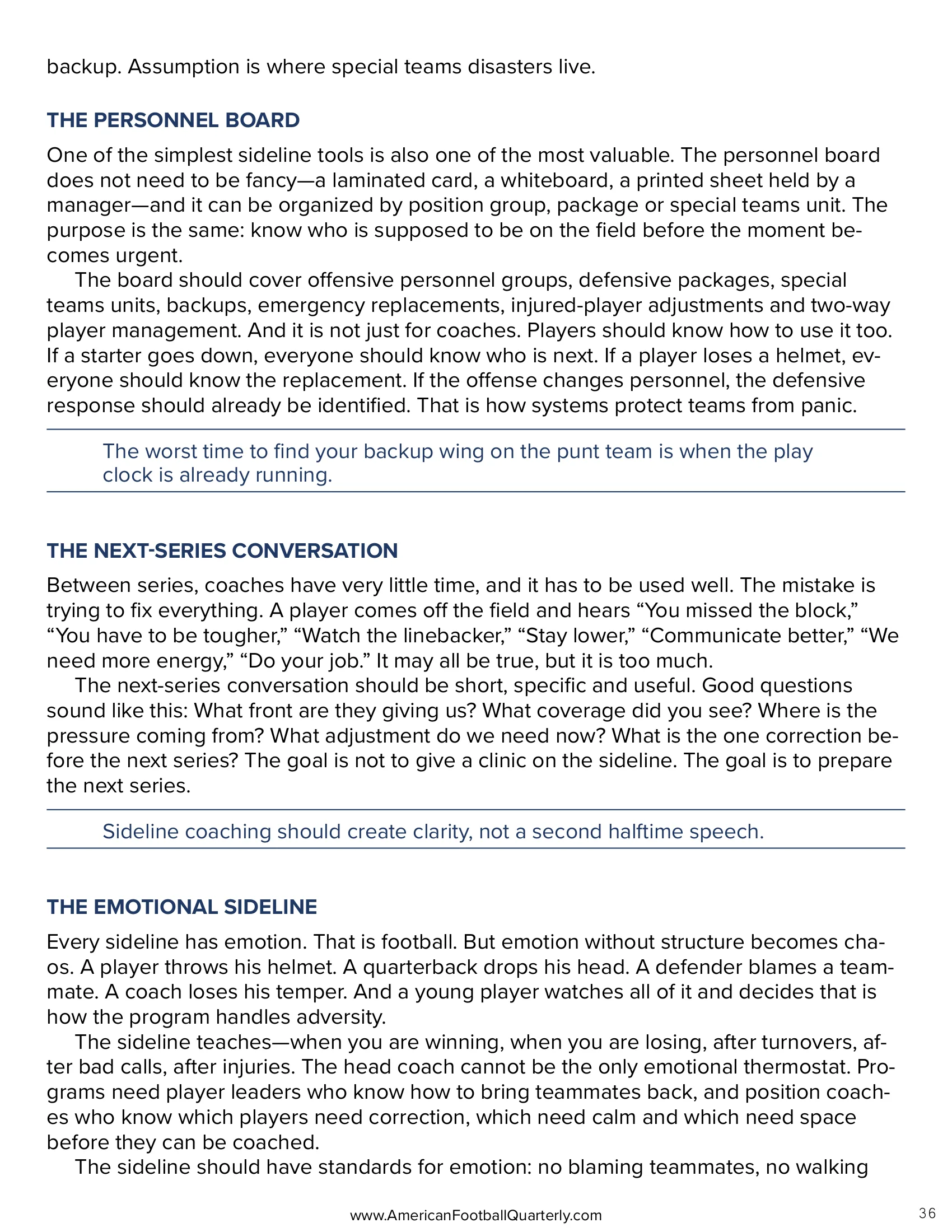 The Sideline Is a System: Organizing the Most Chaotic Place in Football — American Football Quarterly Vol 3 — Fall 2026, page 36