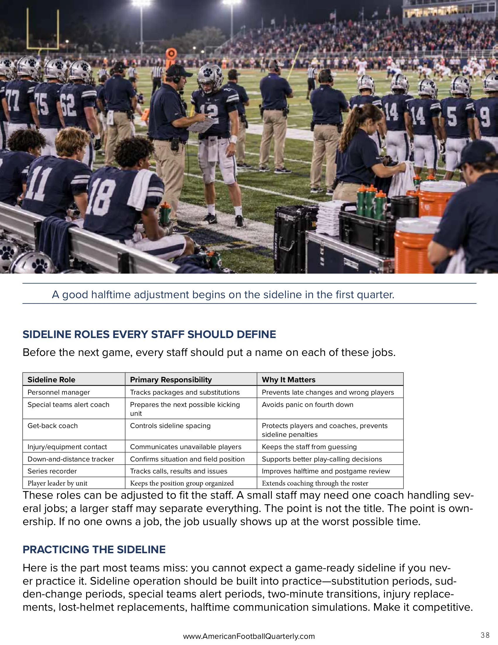 The Sideline Is a System: Organizing the Most Chaotic Place in Football — American Football Quarterly Vol 3 — Fall 2026, page 38