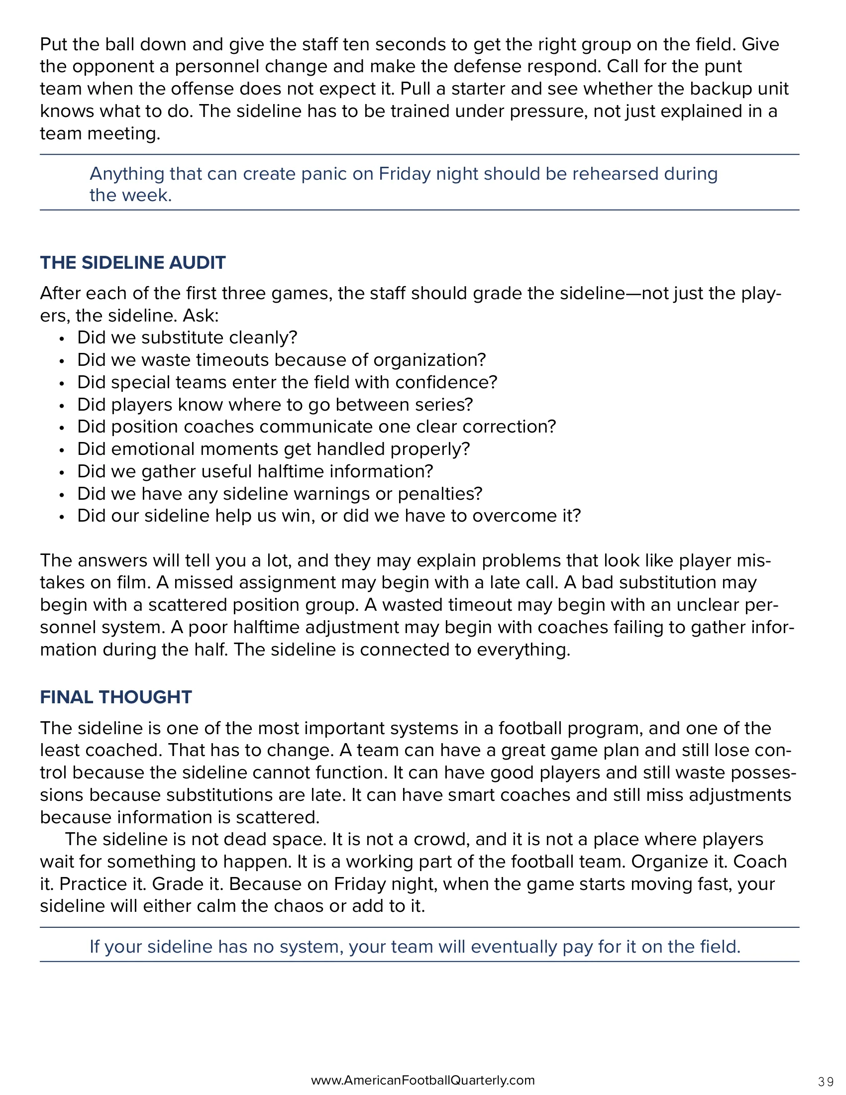 The Sideline Is a System: Organizing the Most Chaotic Place in Football — American Football Quarterly Vol 3 — Fall 2026, page 39