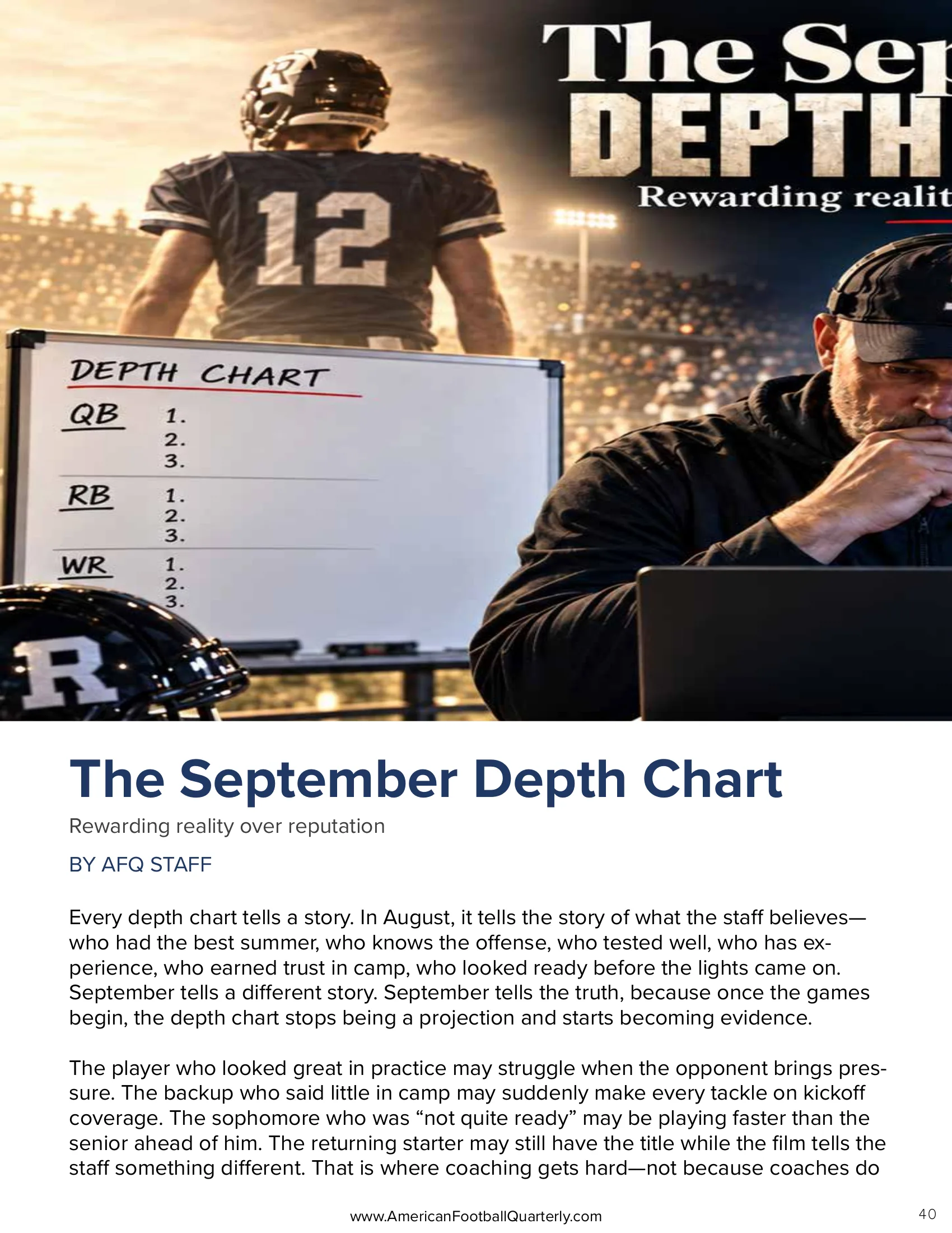 The September Depth Chart: Rewarding Reality Over Reputation — American Football Quarterly Vol 3 — Fall 2026, page 40