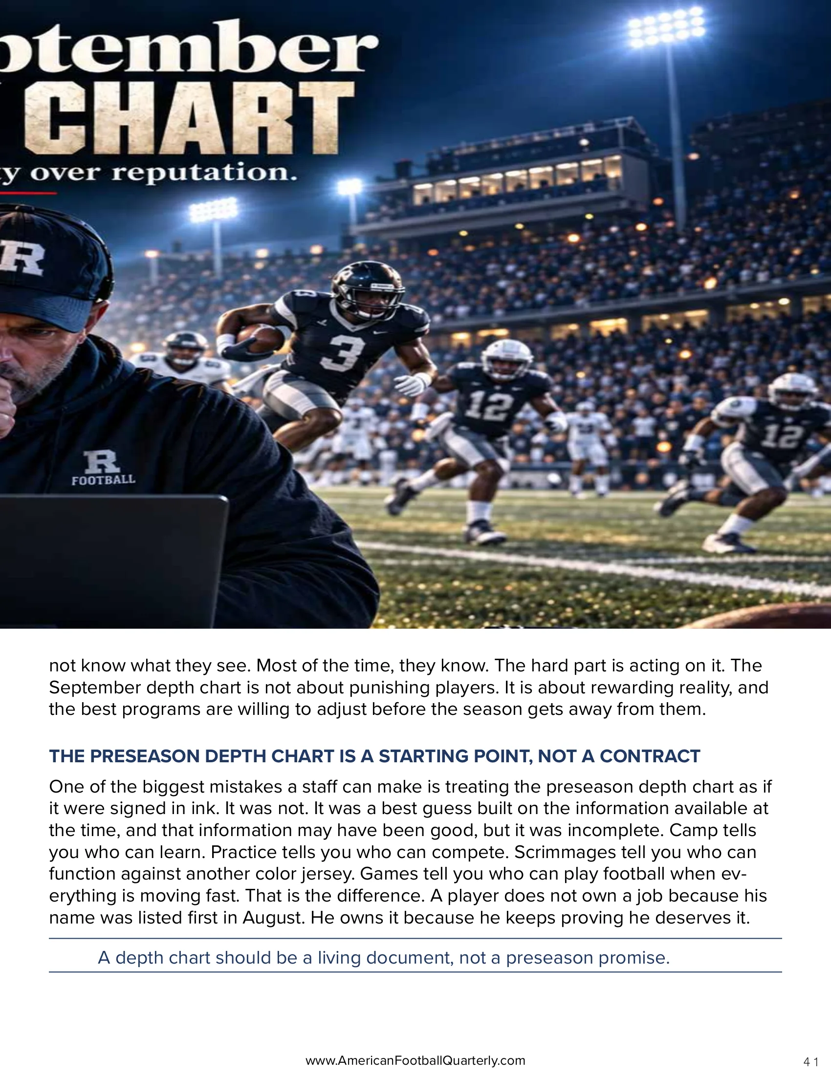 The September Depth Chart: Rewarding Reality Over Reputation — American Football Quarterly Vol 3 — Fall 2026, page 41