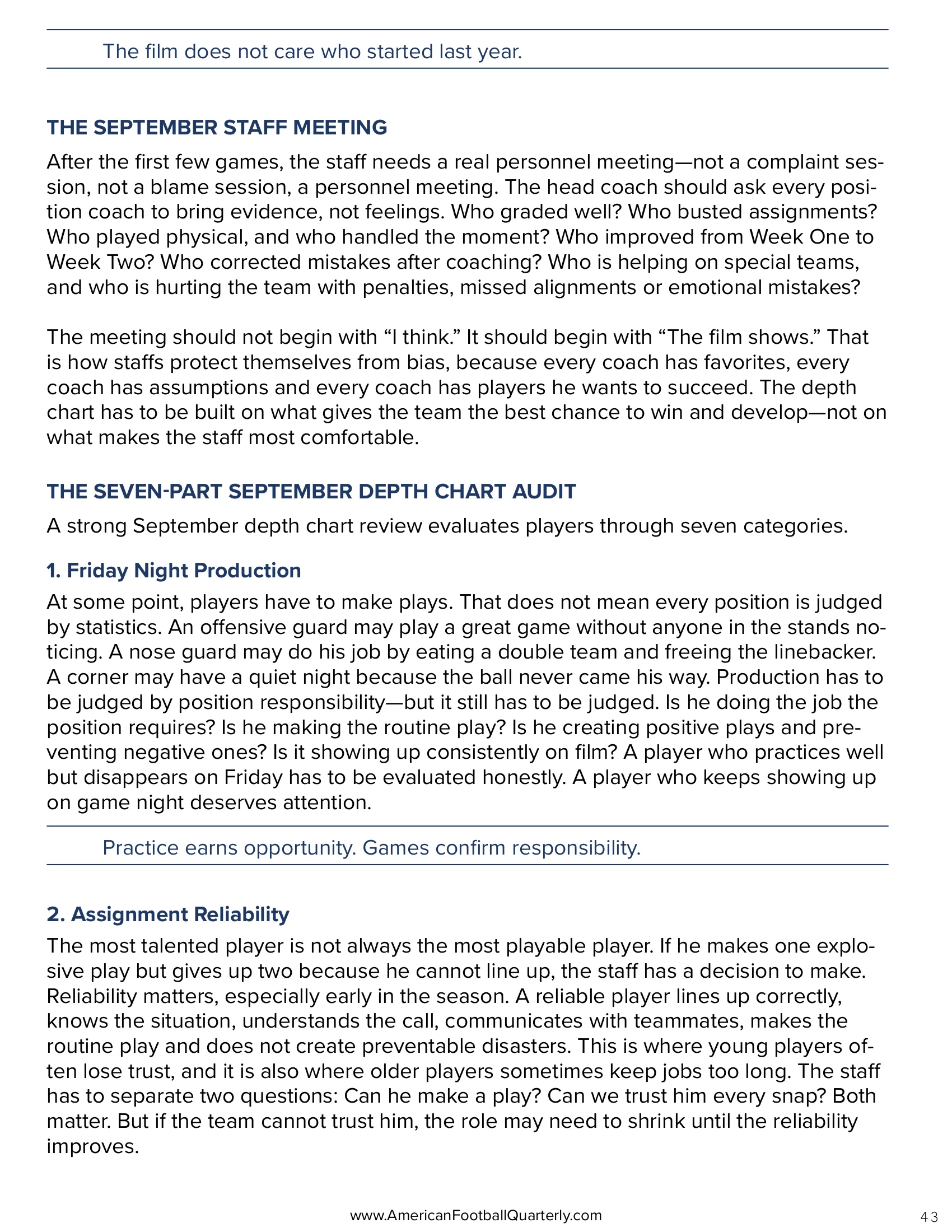 The September Depth Chart: Rewarding Reality Over Reputation — American Football Quarterly Vol 3 — Fall 2026, page 43