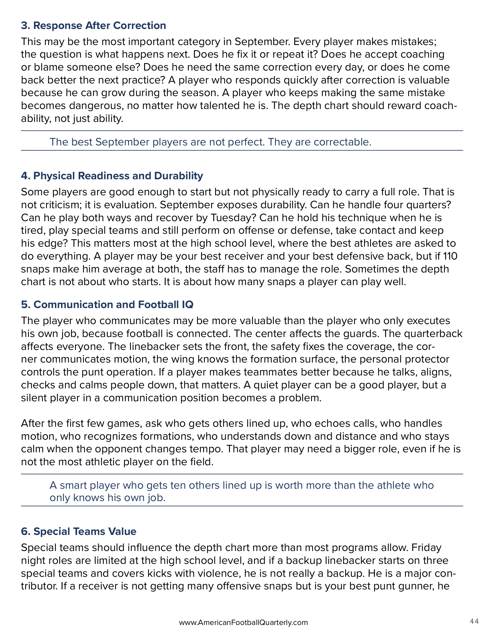 The September Depth Chart: Rewarding Reality Over Reputation — American Football Quarterly Vol 3 — Fall 2026, page 44