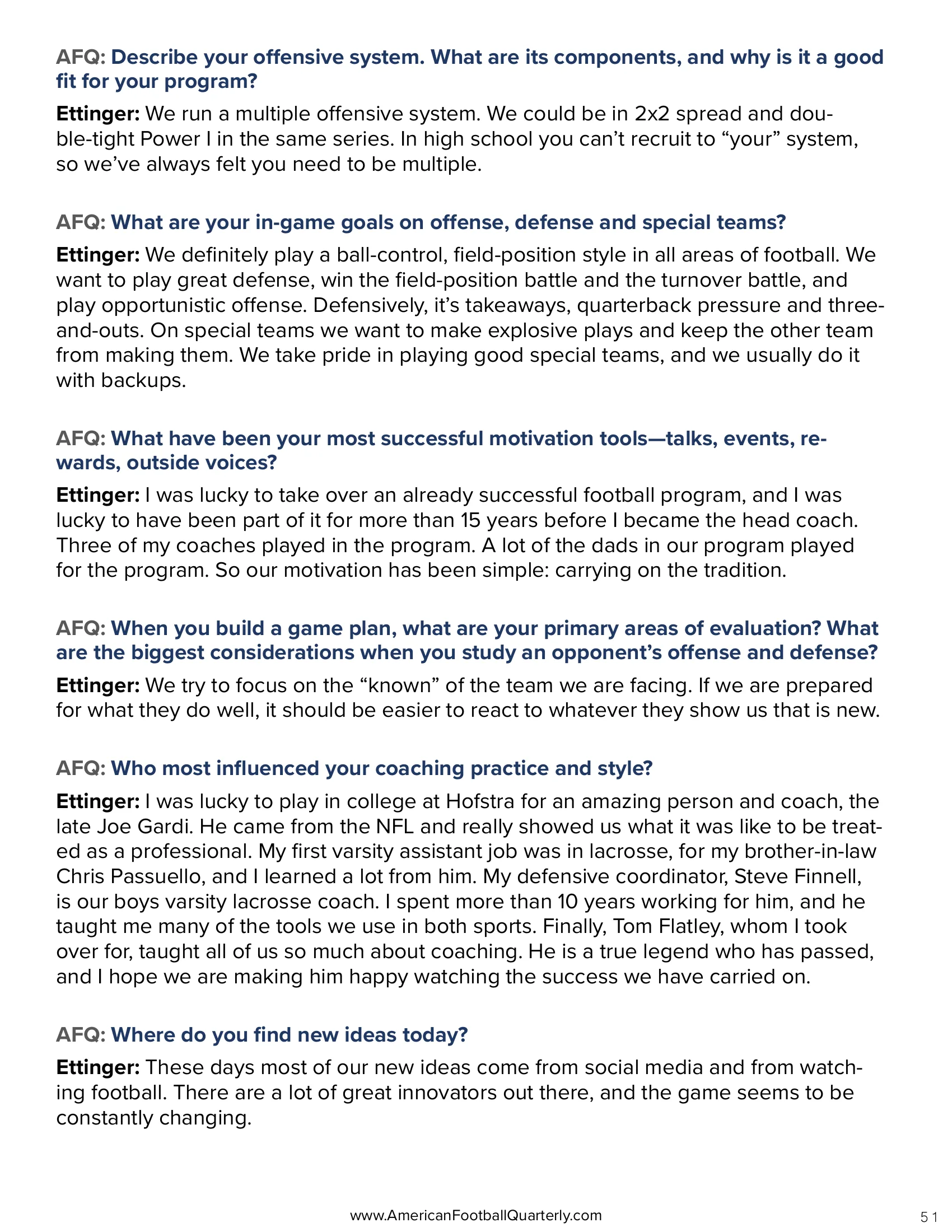 Carrying On the Tradition: Dave Ettinger, Garden City (NY) — American Football Quarterly Vol 3 — Fall 2026, page 51