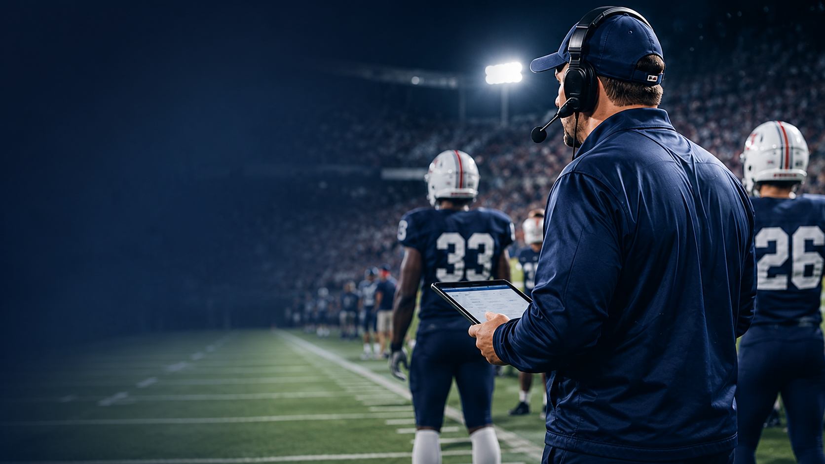 High school football coach making a data-driven play call from the sideline with a tablet